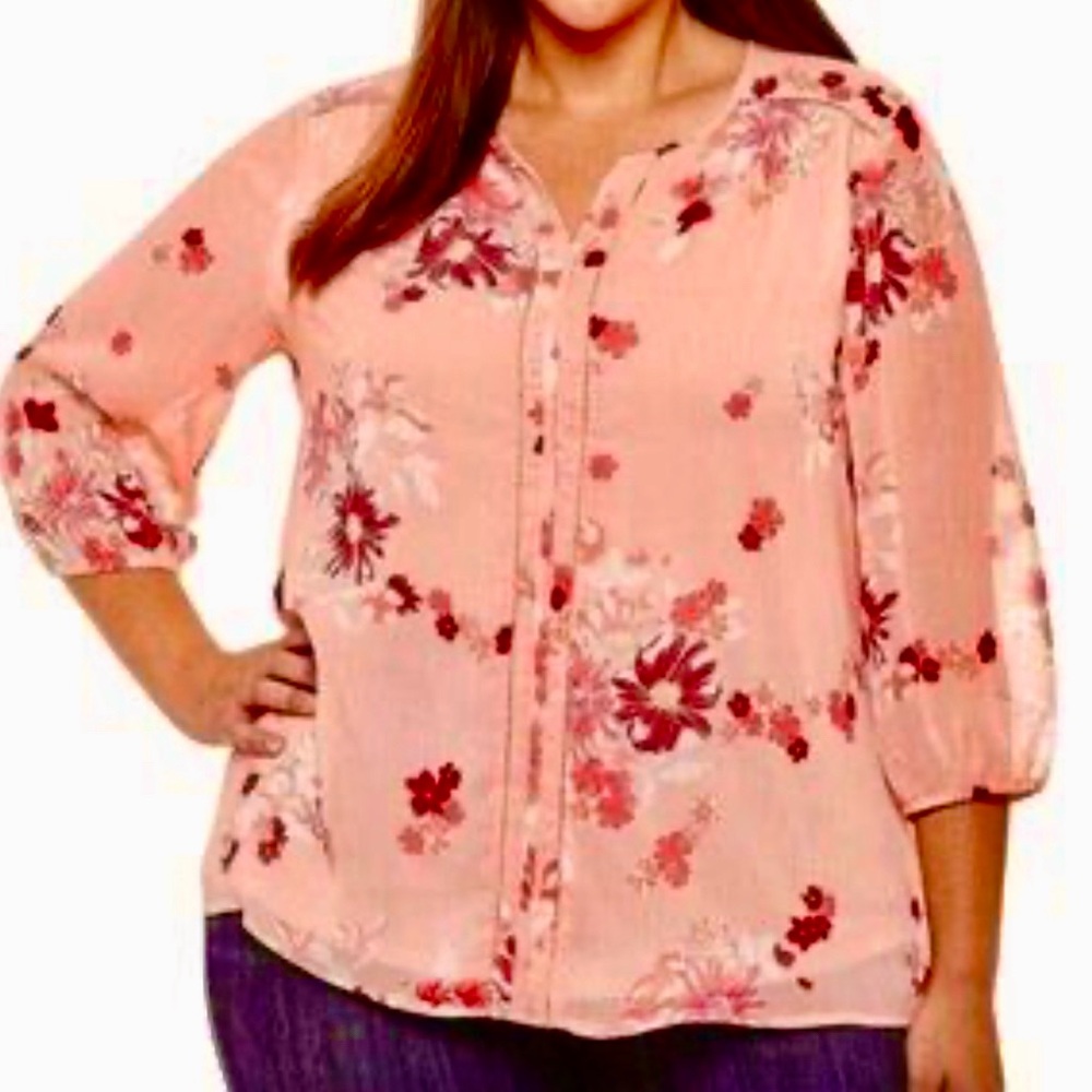 St Johns Bay Beautiful Peach Floral 3/4 Sleeve Blouse Sz PL Lined petite large